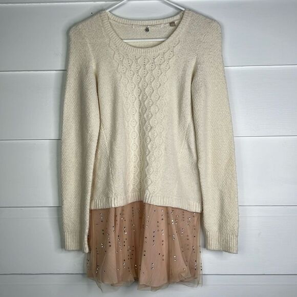Anthropologie Ivory Cable-Knit Sweater w/ Rhinestone Peach Tulle – Size XS - Picture 5 of 16